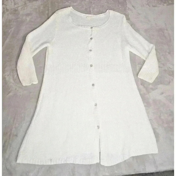 EILEEN FISHER Cotton Hemp White Vneck Cardigan M Cottage Core Pearl Button - Picture 4 of 16